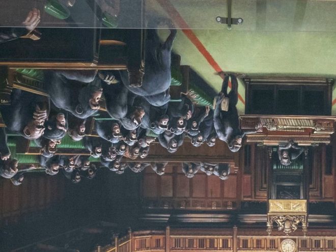 Detail of Banksy's painting "Devolved Parliament"