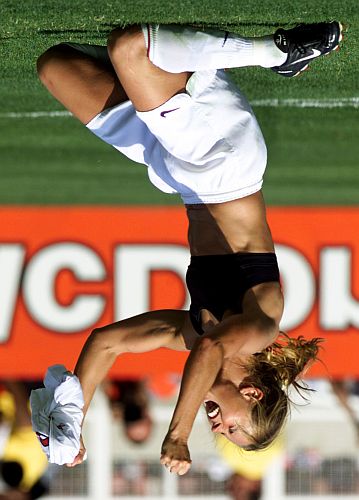 Brandi Chastain after the USA wins the 1999 Women's World Cup final with her penalty